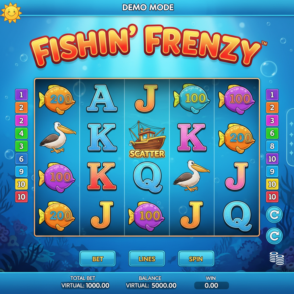 Fishin' Frenzy demo mode with virtual balance — free play with no financial risk, full RNG simulation including Fisherman Wild collect-and-pay mechanic for UK players