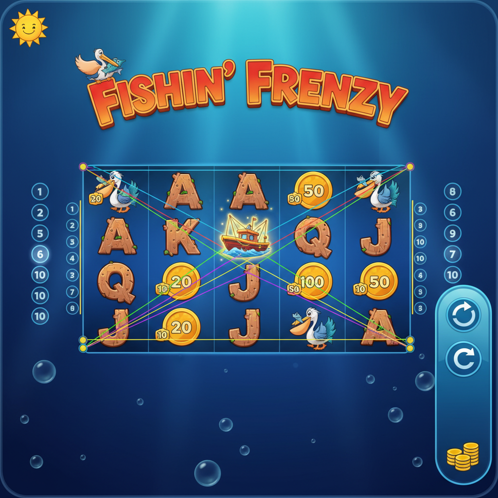 Fishin' Frenzy desktop gameplay interface — 5x3 reel grid with coloured paylines and stake control buttons on the right sidebar