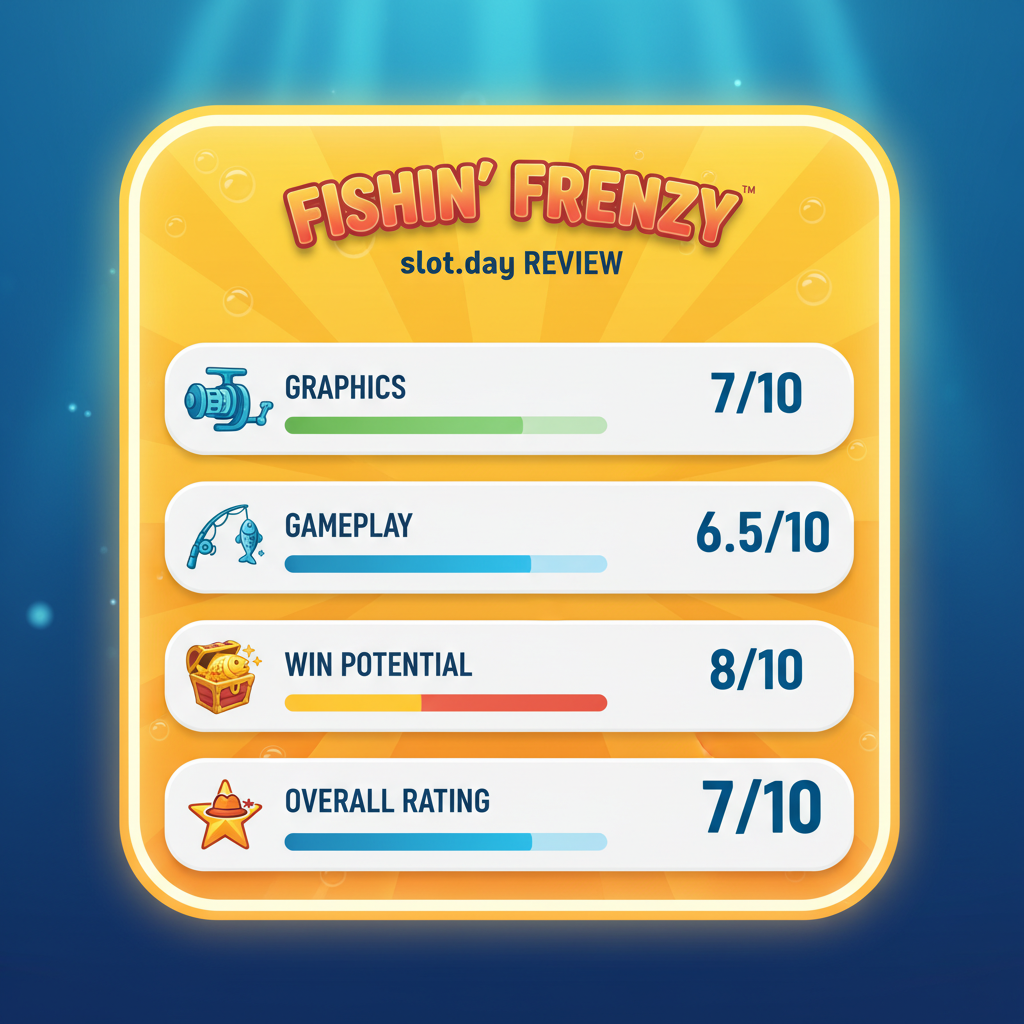 Fishin' Frenzy final rating scorecard by slot.day — graphics 7/10, gameplay 7.5/10, bonus features 6/10, win potential 8/10, overall rating 7/10