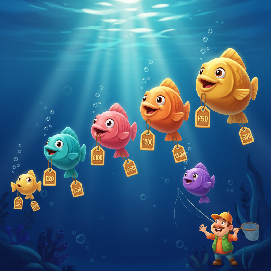 Fishin' Frenzy fish money symbols showing cash prize values of £20, £50, £100, £150, £200, £250 and £500 — collected by the Fisherman Wild during Free Spins