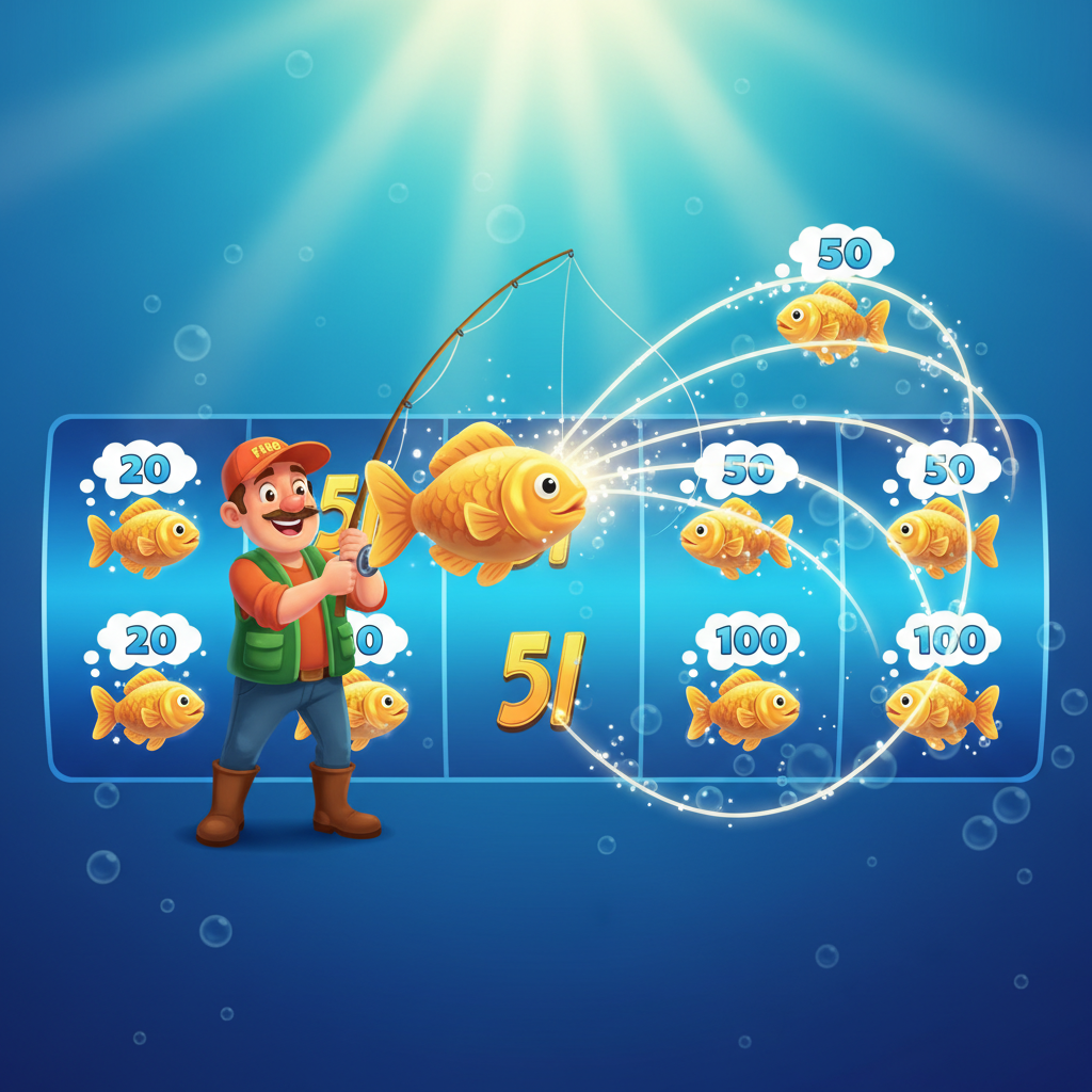 Fishin' Frenzy Fisherman Wild collecting cash prizes from all visible fish money symbols during Free Spins — the collect-and-pay mechanic exclusive to the bonus round