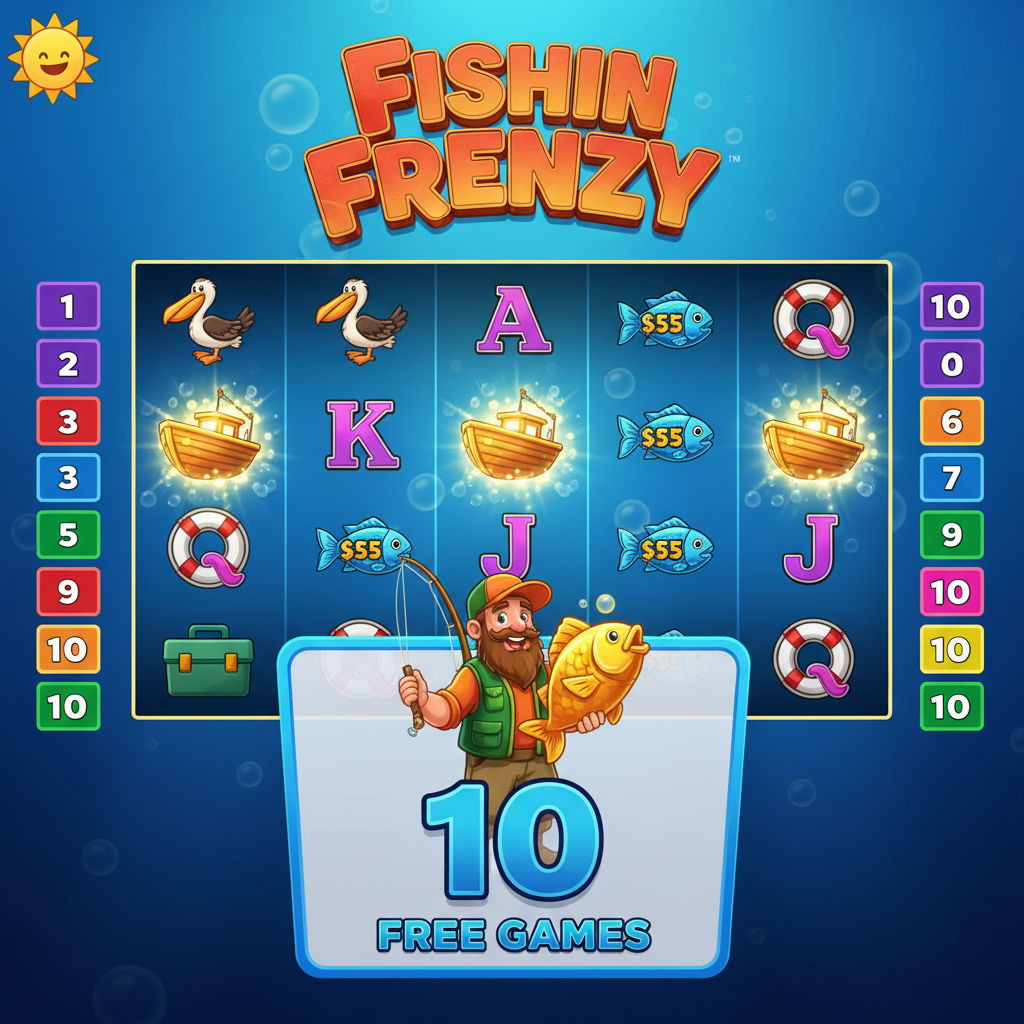 Fishin' Frenzy Free Spins bonus triggered by three boat scatter symbols landing on the reels — awards 10 free games