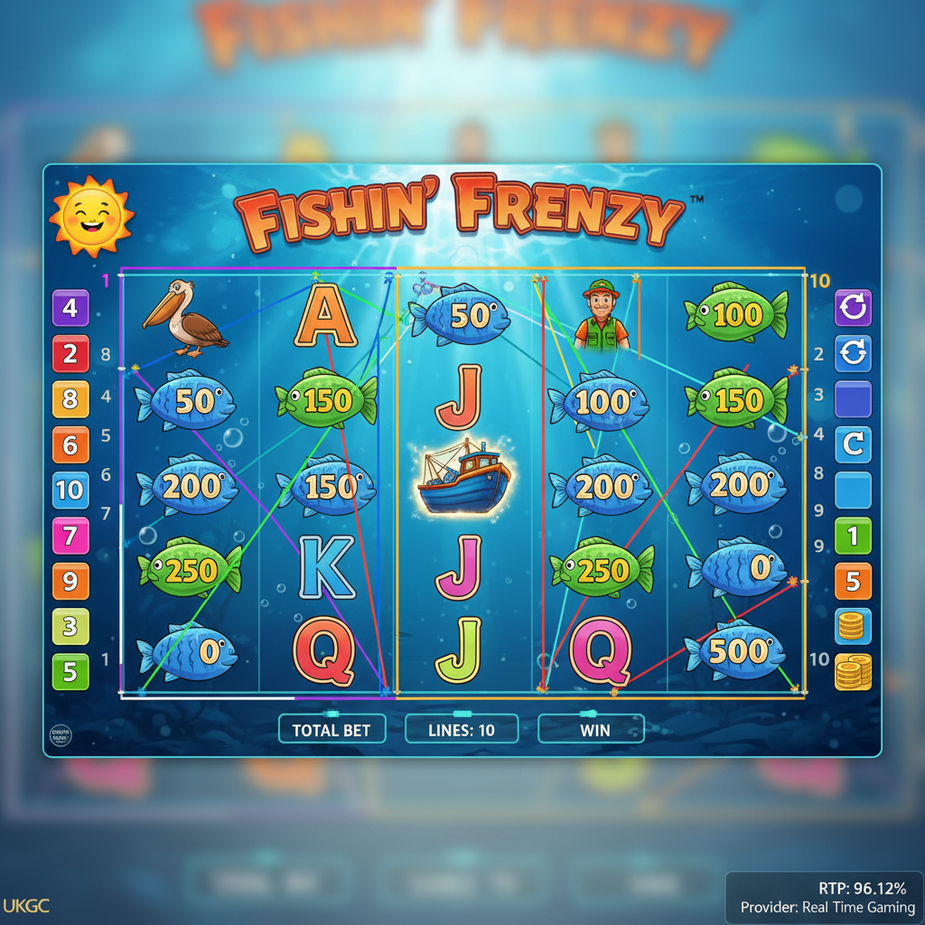 Fishin' Frenzy v1.6.1.8 full reel view by Real Time Gaming — 5x3 grid with all 10 paylines active, UKGC licensed, RTP 96.12%