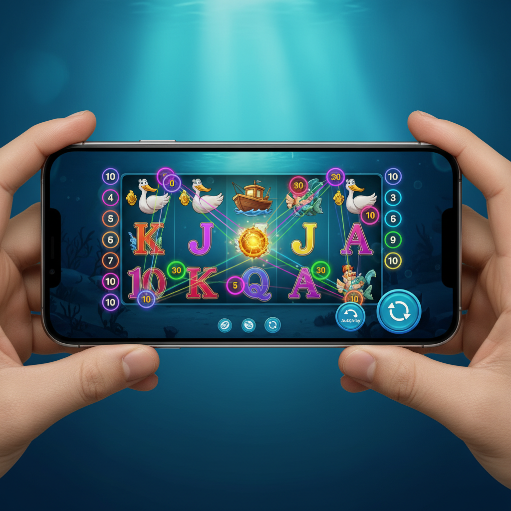Fishin' Frenzy on mobile in landscape mode — HTML5 responsive interface compatible with iOS and Android, Spin and Autoplay buttons positioned for comfortable thumb reach