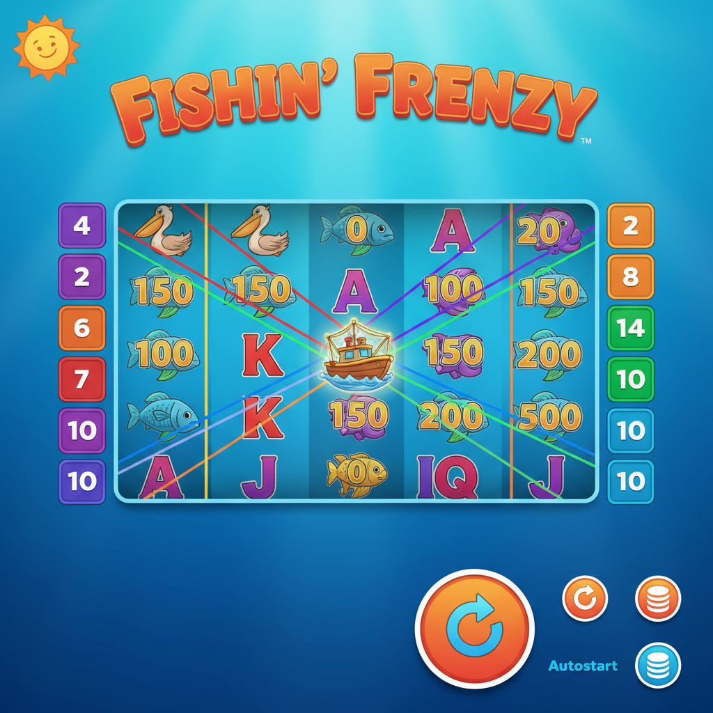 Fishin' Frenzy mobile portrait layout — responsive reel grid with Spin and Autoplay buttons optimised for touch screens