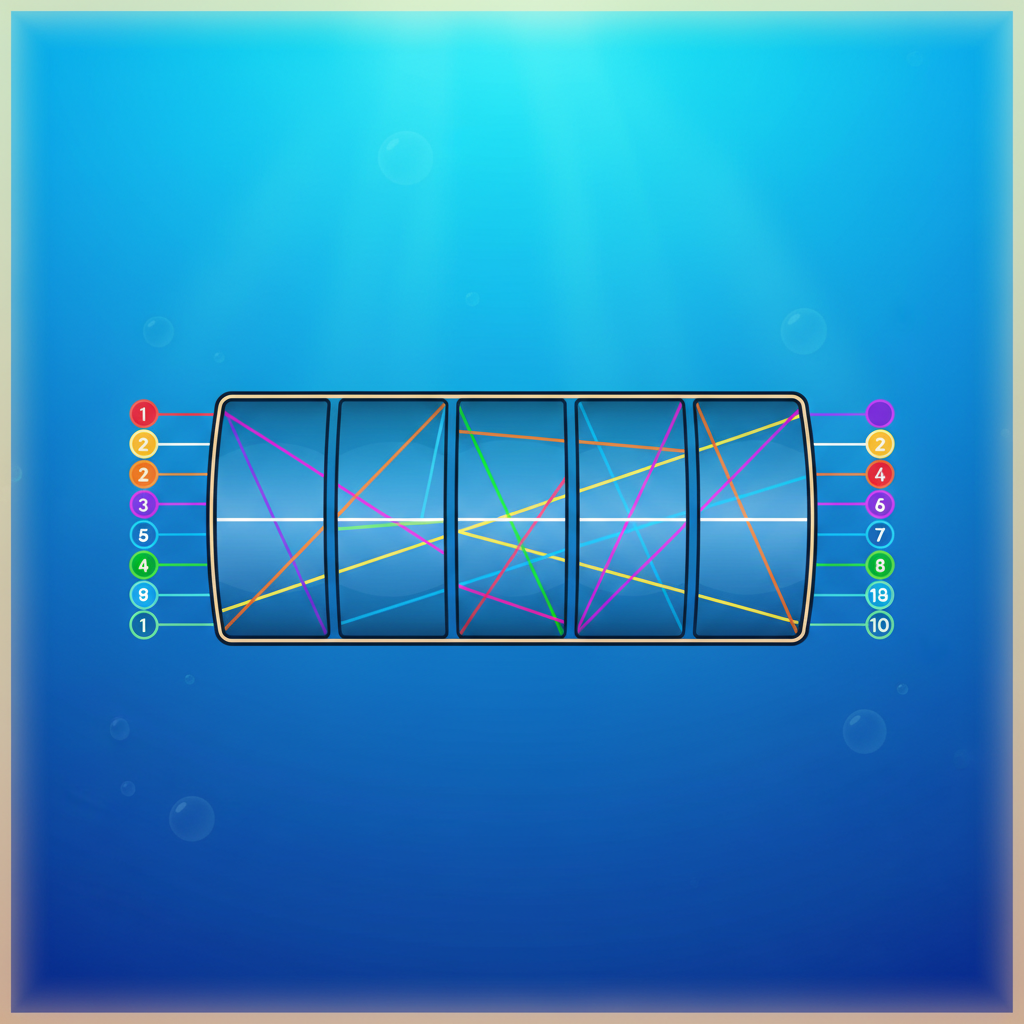 Fishin' Frenzy paylines diagram — all 10 colour-coded numbered win patterns across the 5x3 reel grid