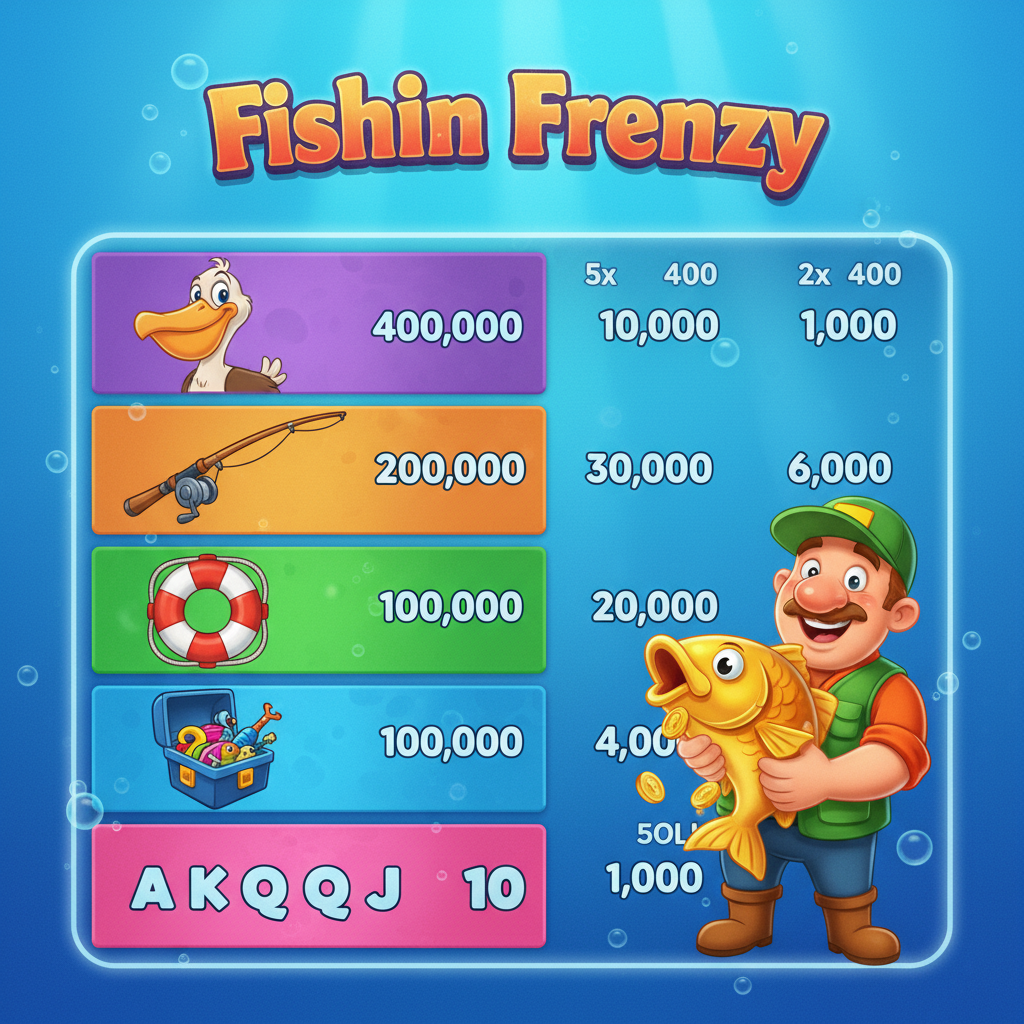 Fishin' Frenzy paytable by RTG — pelican, fishing rod, life preserver, tackle box and card symbols A K Q J 10 with payouts for 2 to 5 matching symbols