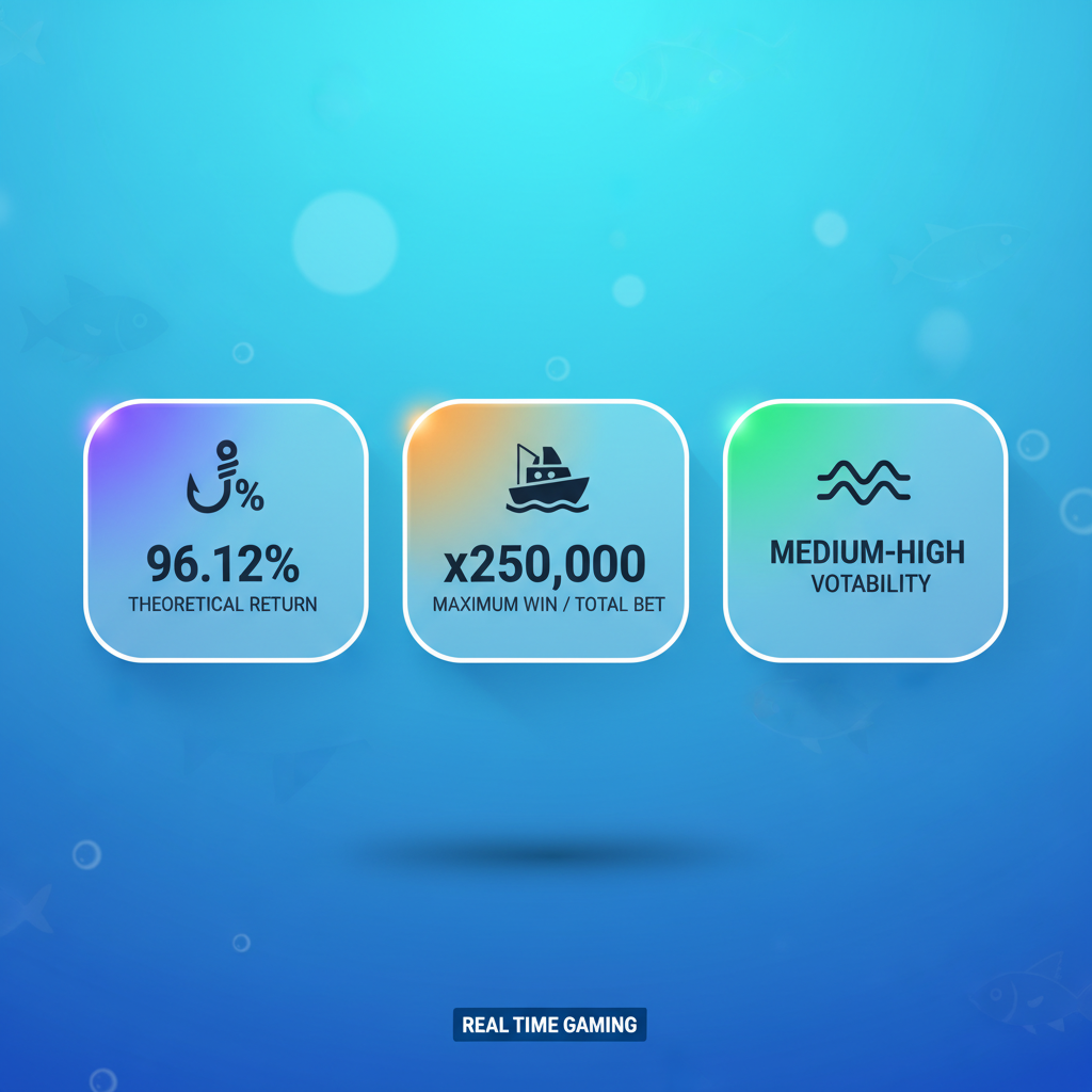 Fishin' Frenzy RTP infographic — 96.12% theoretical return to player, x250,000 max win multiplier, medium-high volatility, Real Time Gaming