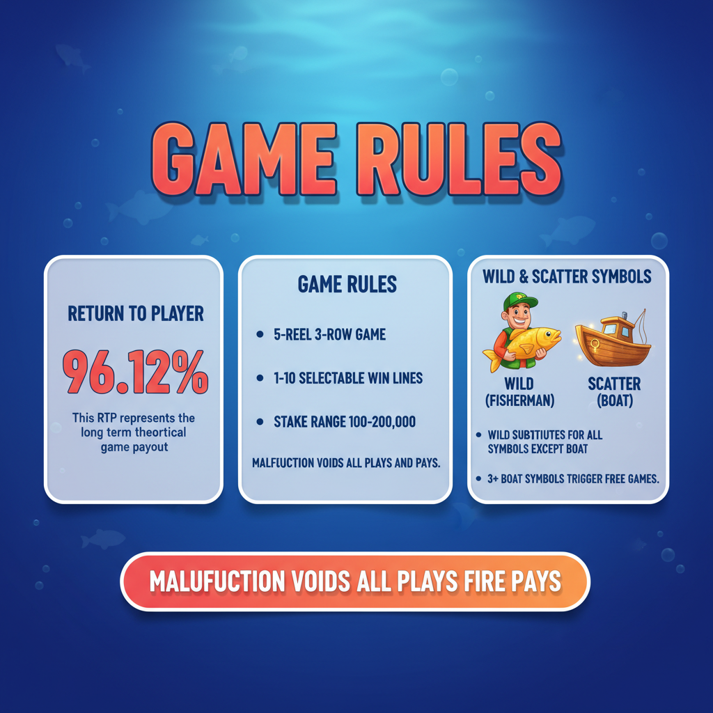 Fishin' Frenzy in-game rules screen by Real Time Gaming — RTP 96.12%, Fisherman Wild MAN symbol, Boat Scatter, Free Games rules and malfunction voids all plays and pays notice