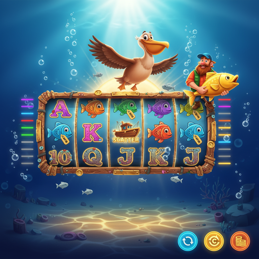 Fishin' Frenzy slot by Real Time Gaming — 5x3 reel grid with pelican, fisherman wild and boat scatter symbols on an underwater ocean background